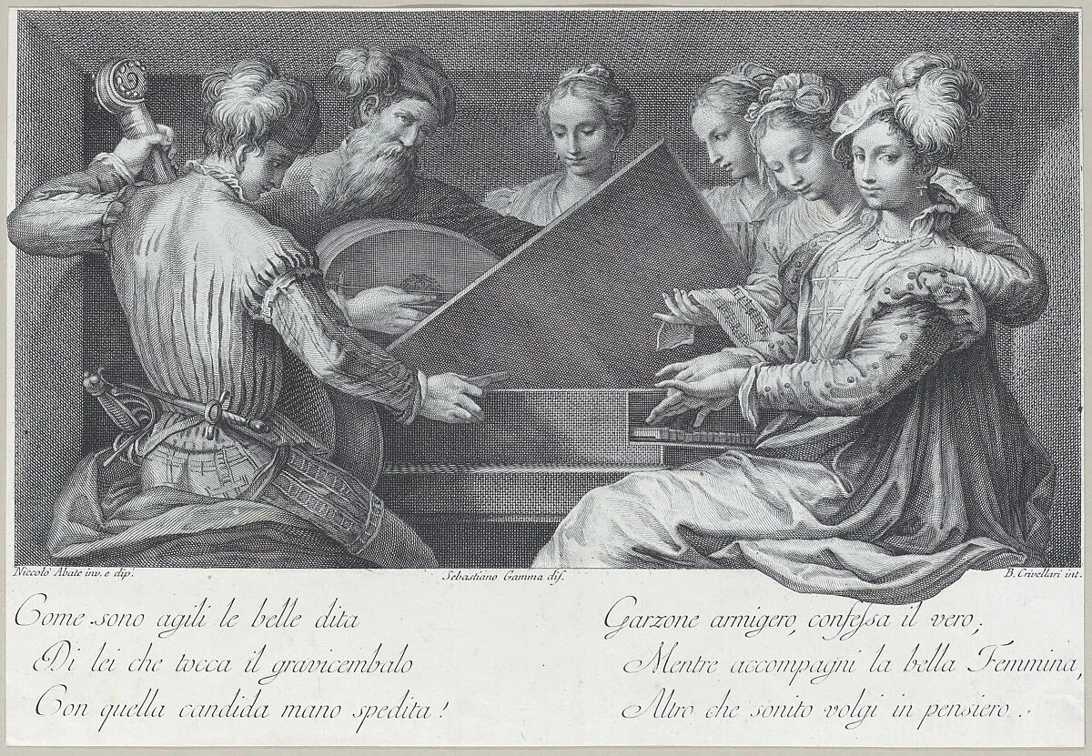 A group of elegantly dressed people playing the piano and other instruments — Nicolo Dell'Abbate|Bartolomeo Crivellari|Sebastiano Gamma