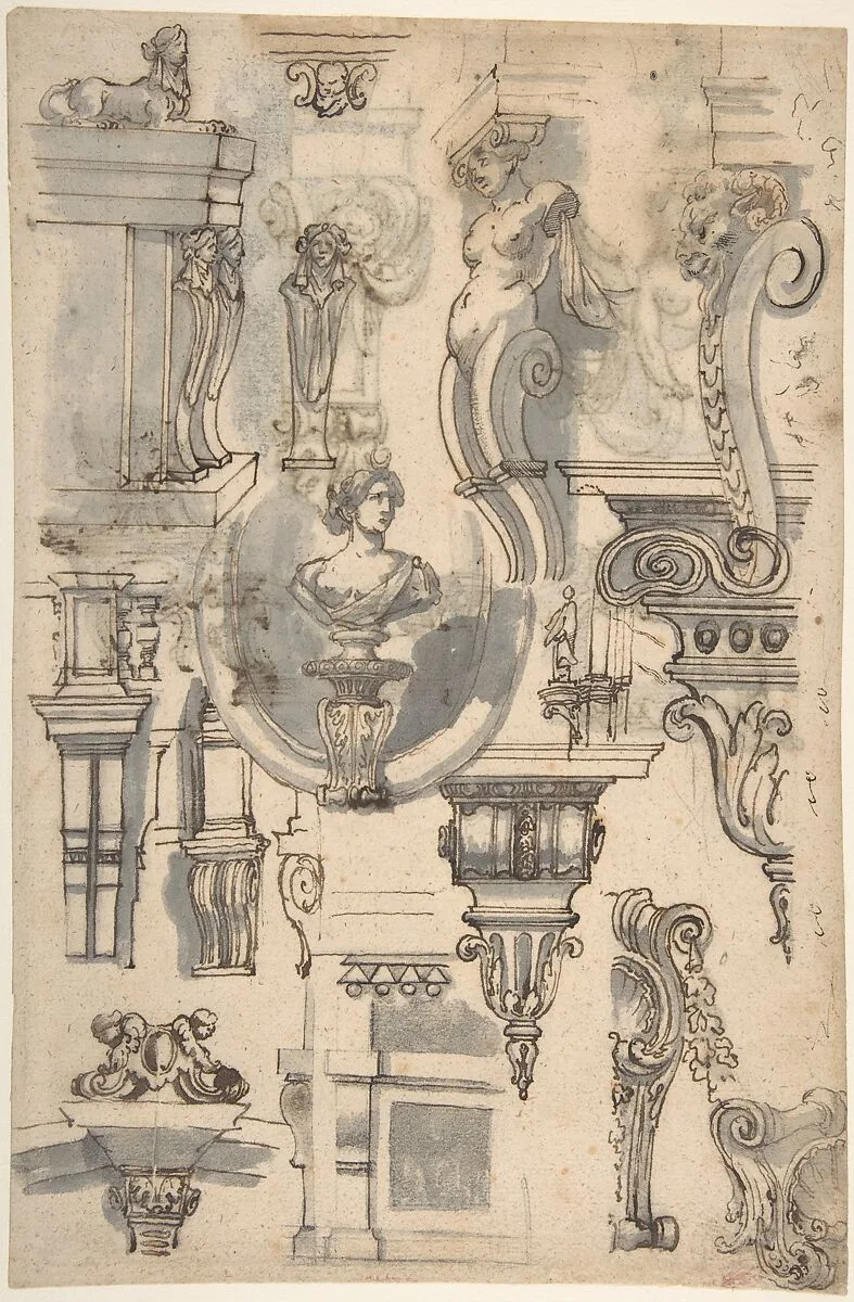 Brackets, Caryatids and other Architectural Details (recto and verso) — Gilles-Marie Oppenord