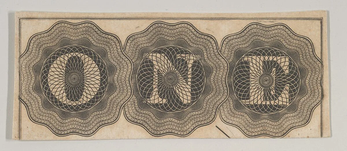 Banknote motif: the word ONE with each letter set against a circle of lathe work — A. B. & C. Durand & Company|Durand, Perkins, and Company|Cyrus Durand