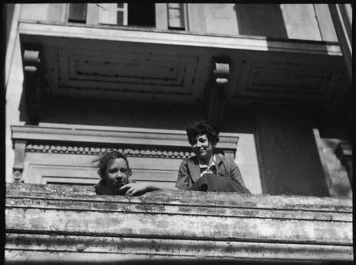 [Jane Ninas and Christine Fairchild on the Balcony of Belle Grove Plantation, White Castle, Louisiana]