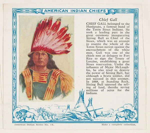 Chief Gall, No. 14, collector card from the American Indian Series (D6), issued by the Kelley Baking Company to promote Kelley's Bread — Kelley Baking Company