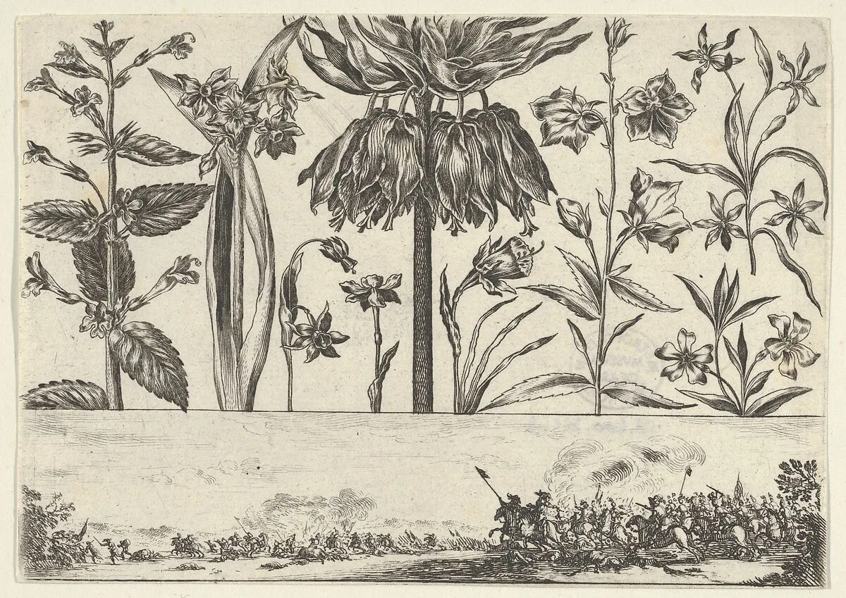 Horizontal Panel with a Row of Flowers Above a Frieze with a Battle Scene in a Landscape, from Livre Nouveau de Fleurs Tres-Util — Nicolas Cochin|Balthazar Moncornet