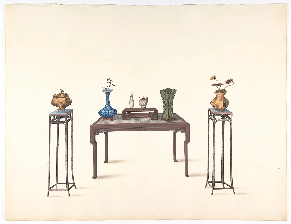 Large Table and Two Small Higher Ones with Vases — Anonymous, Chinese, 19th century