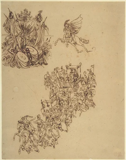 Sheet of Studies:  A Marriage Procession in Sixteenth-Century Dress; a Cavalier; and a Trophy of Arms