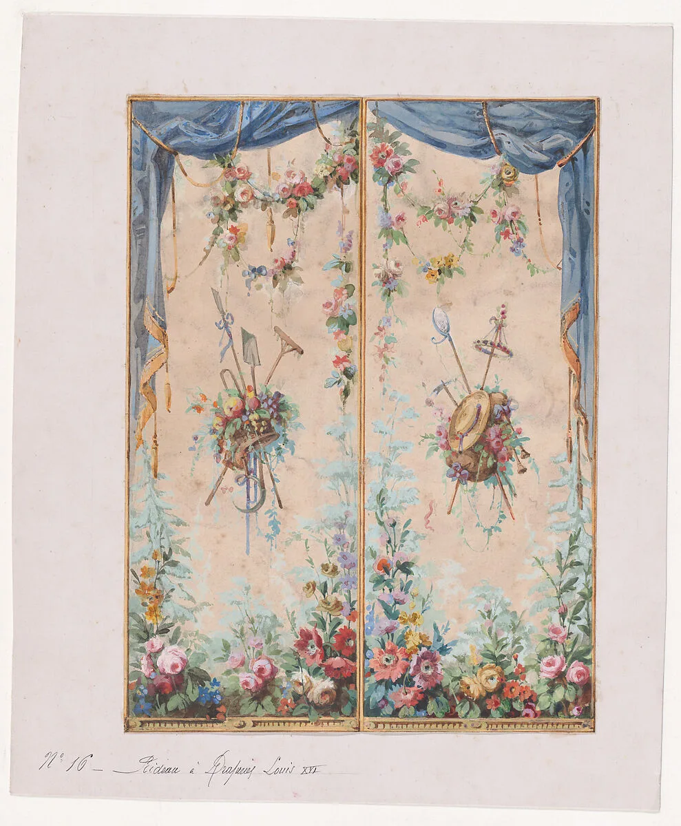 Design for a Valance in the Style of Louis XVI with Bushes and Garlands of Flowers and Containing Two Decorative Bunches of Leaves, Fruits and Flowers Holding Gardening Utensils and a Straw Hat — Anonymous, French, 19th century