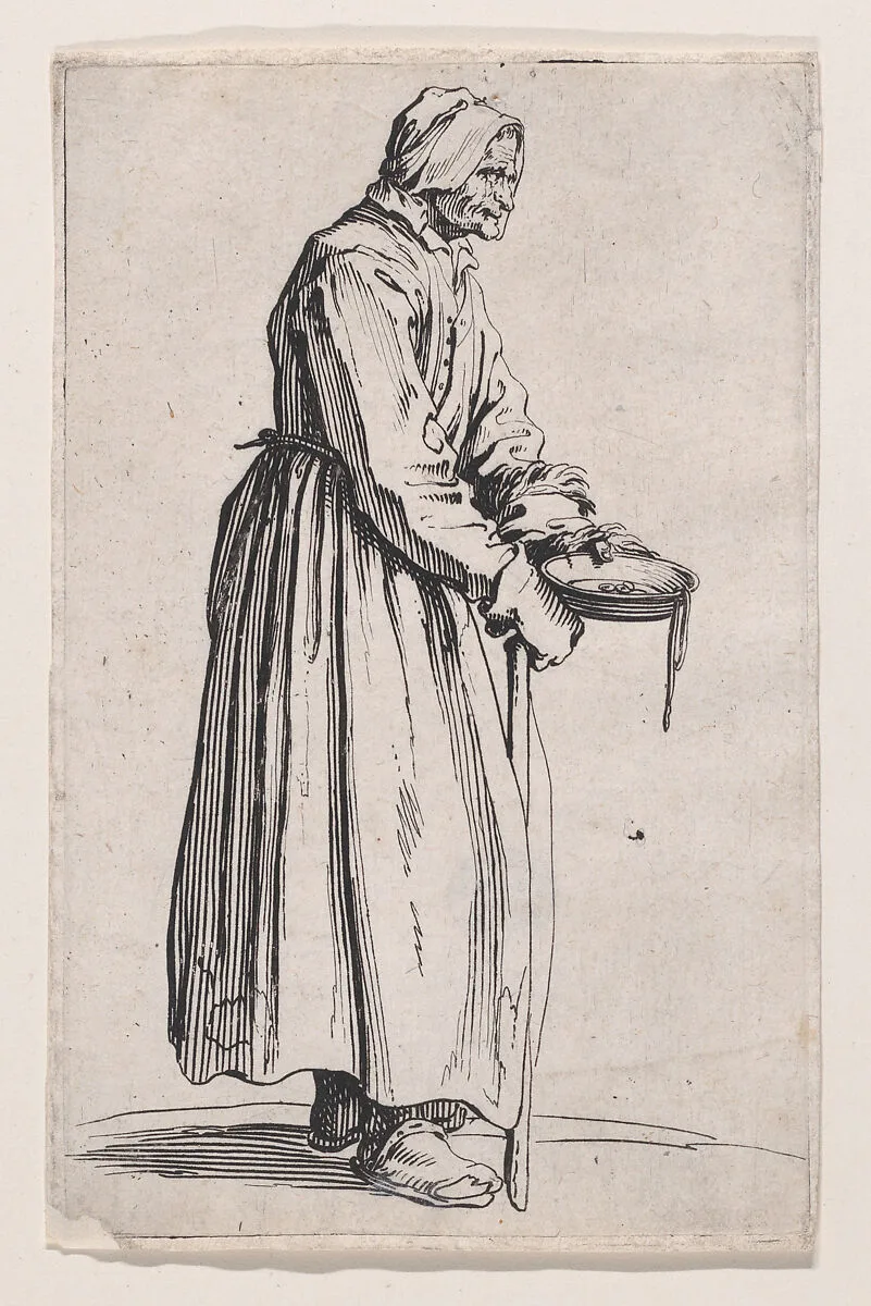 La Mendiante a la Sébille (The Female Beggar with the Begging Bowl), from Les Gueux suite appelée aussi Les Mendiants, Les Baroni, ou Les Barons (The Beggars, also called the Barons) — Jacques Callot