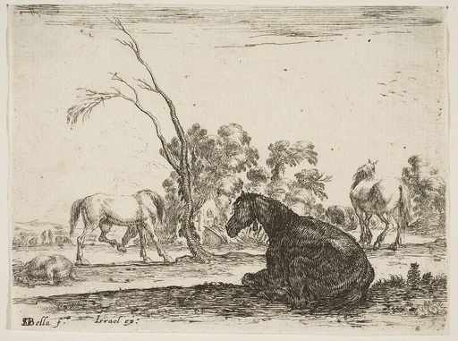 A seated horse to right, seen from behind and turned to the left, three other horses in middleground, a tree in center, plate 8 from "Various Figures" (Agréable diversité de figures)