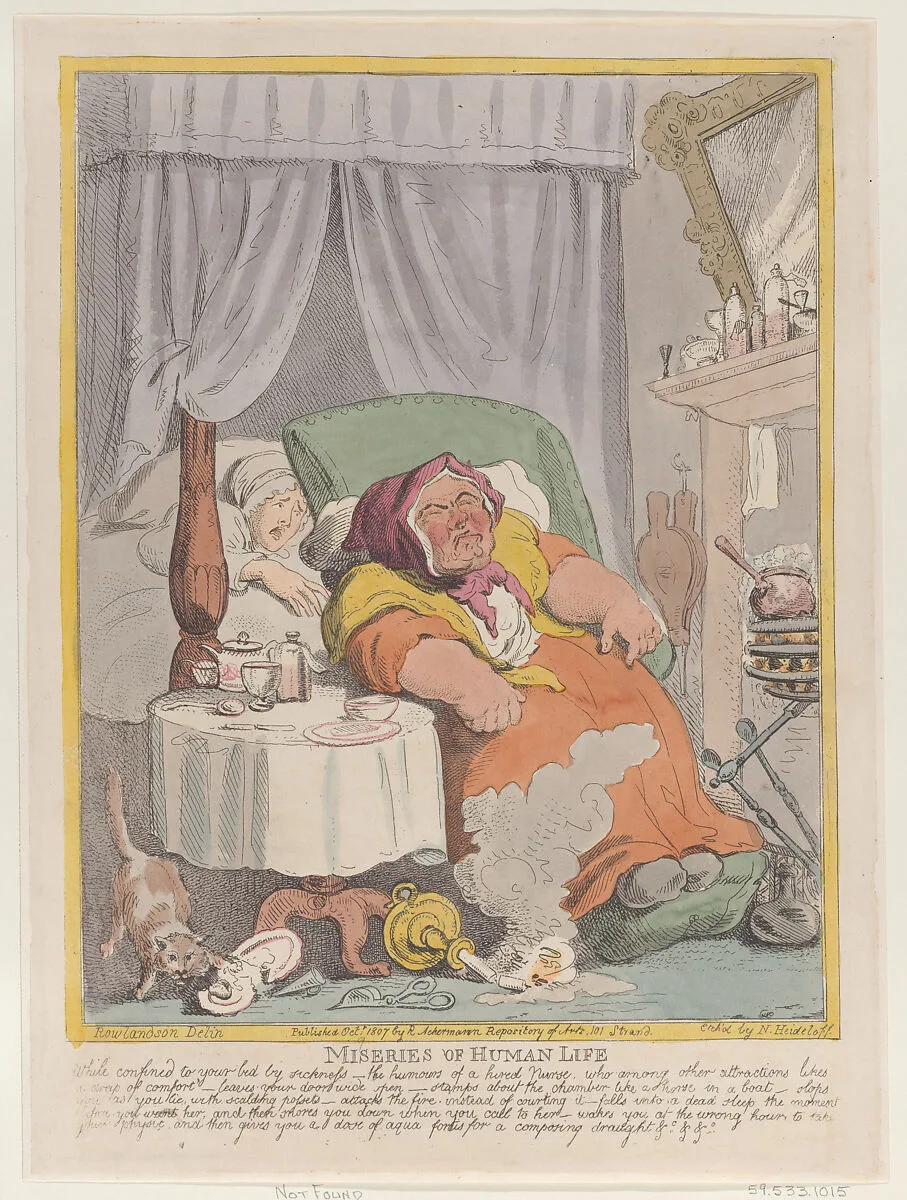 Miseries of Human Life: "While confined to your bed by sickness..." — Rudolph Ackermann, London|Thomas Rowlandson|Nicolaus Heideloff