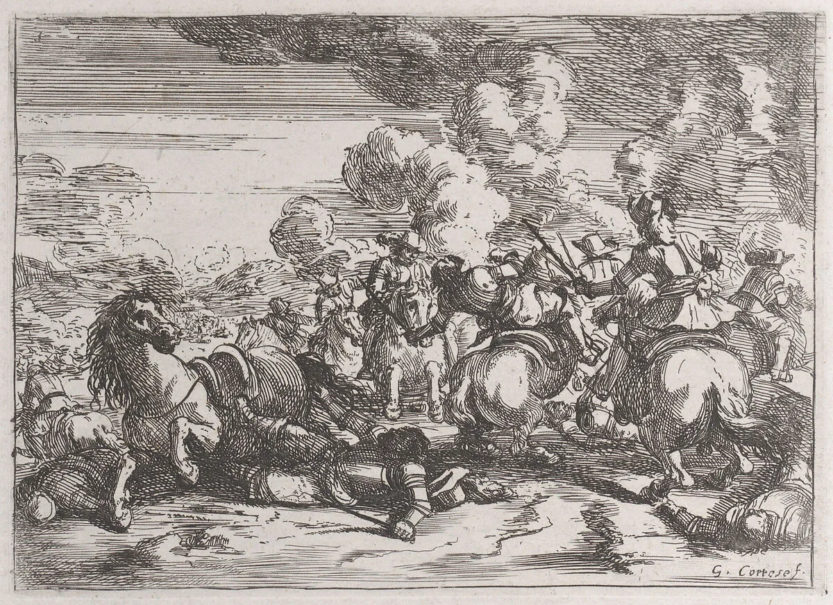 Plate 5: the wounded chief commander lies on the ground, while the battle goes on at right — Jacques Courtois