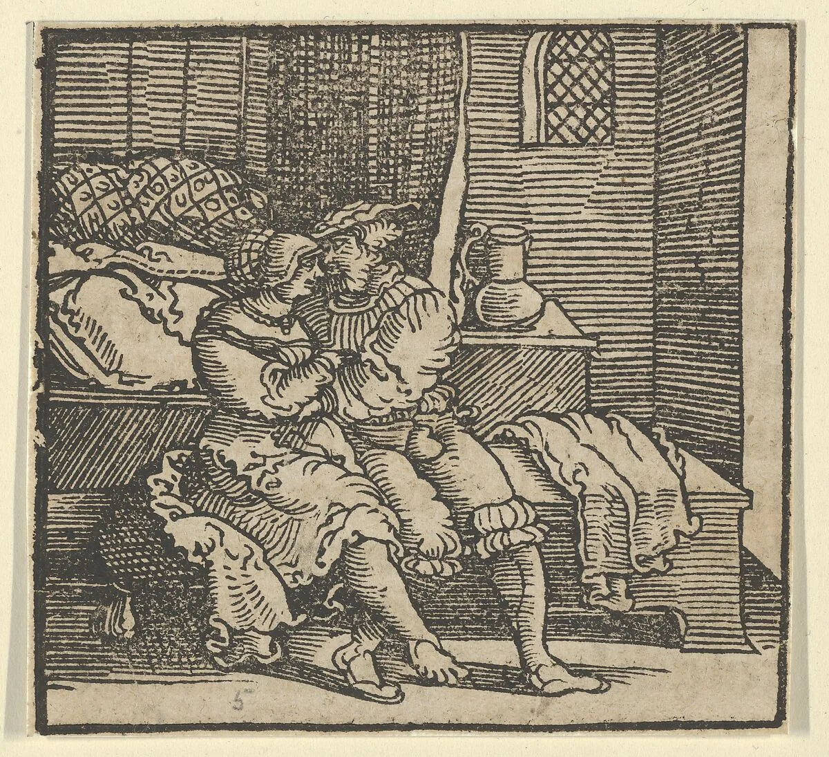 Spinneloccio Locked up in a Chest, on which his Wife and Zeppa are Seated, from The Decameron — Hans Schäufelein|Giovanni Boccaccio|Heinrich Steiner