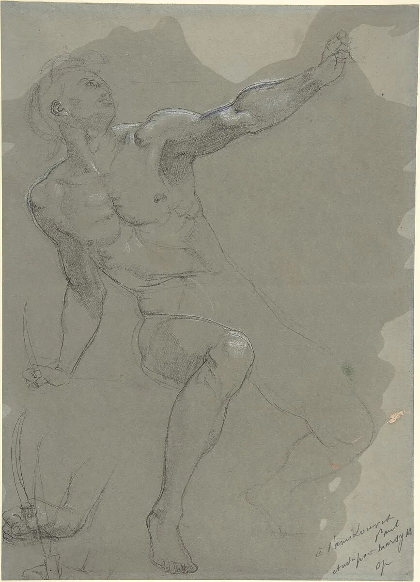 Seated Male Nude (recto); Crouching Male Nude (verso) — Paul Baudry