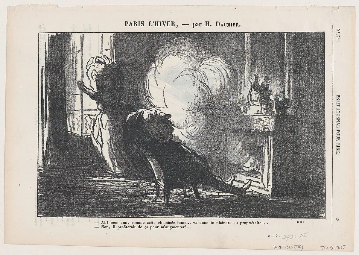 Just look at that, my friend, how the fireplace is smoking..., from 'Paris in winter,' published in Le Petit Journal pour Rire, February 18, 1865 — Honoré Daumier