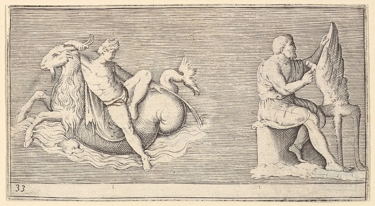 Figure on Seagoat; Man Carving Wing, from "Ex Antiquis Cameorum et Gemmae Delineata" — Francesco Angeloni|Battista Franco|Philippe Thomassin|Enea Vico|Anonymous, Italian, 16th century