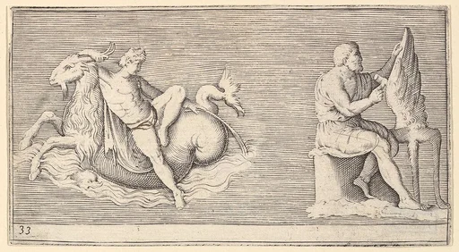 Figure on Seagoat; Man Carving Wing, from "Ex Antiquis Cameorum et Gemmae Delineata"
