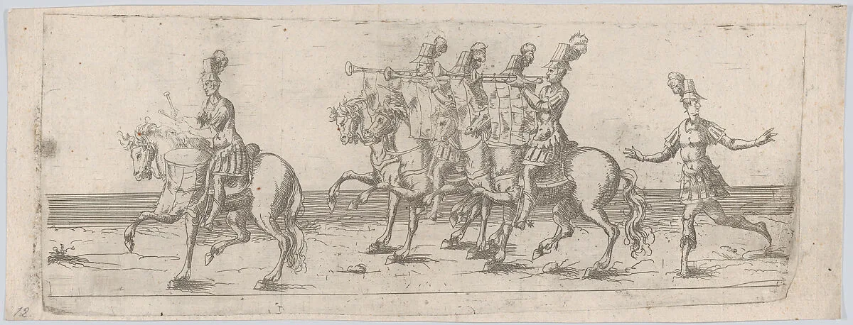 Procession, with one man playing a drum atop a horse at front, four men playing trumpets on horses at center, and one man following on foot behind — Anonymous, German, 16th century