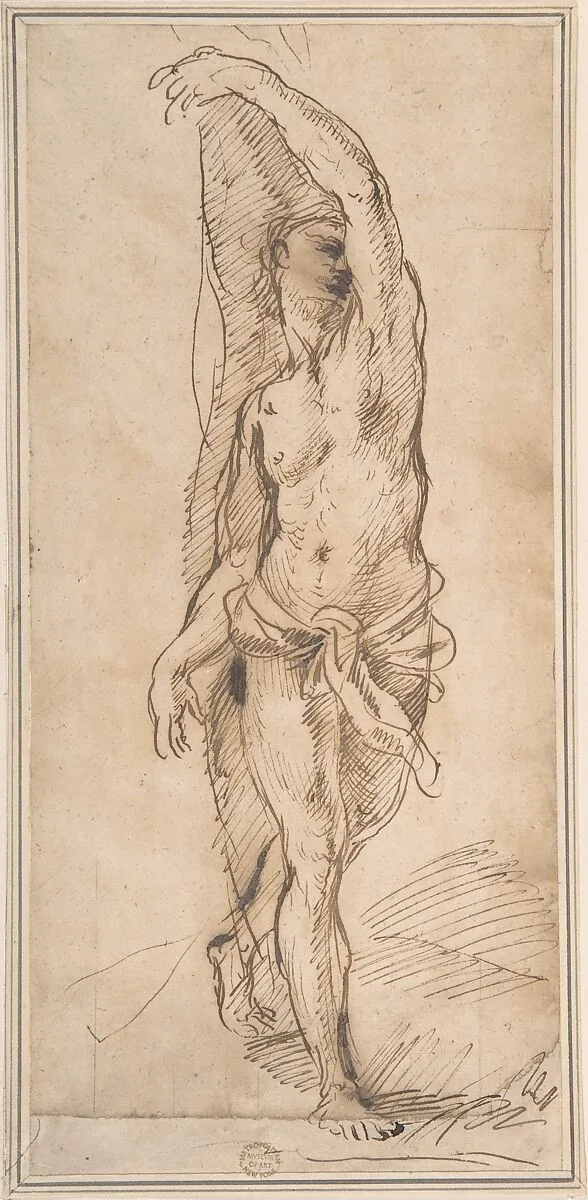 Nude Figure (Saint Sebastian?) — Anonymous, Italian, Roman-Bolognese, 17th century