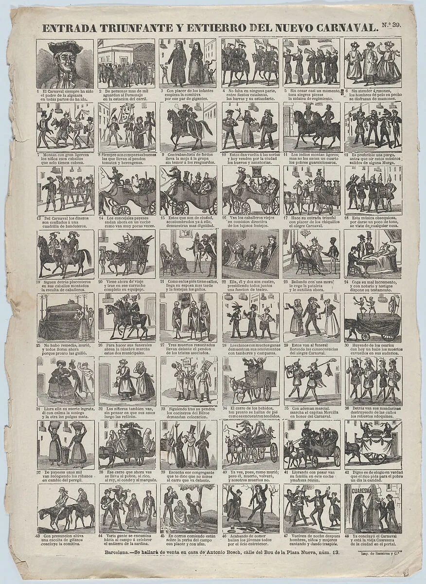 Broadside with 48 scenes relating to carnival in Barcelona — Narciso Ramirez|Antonio Bosch