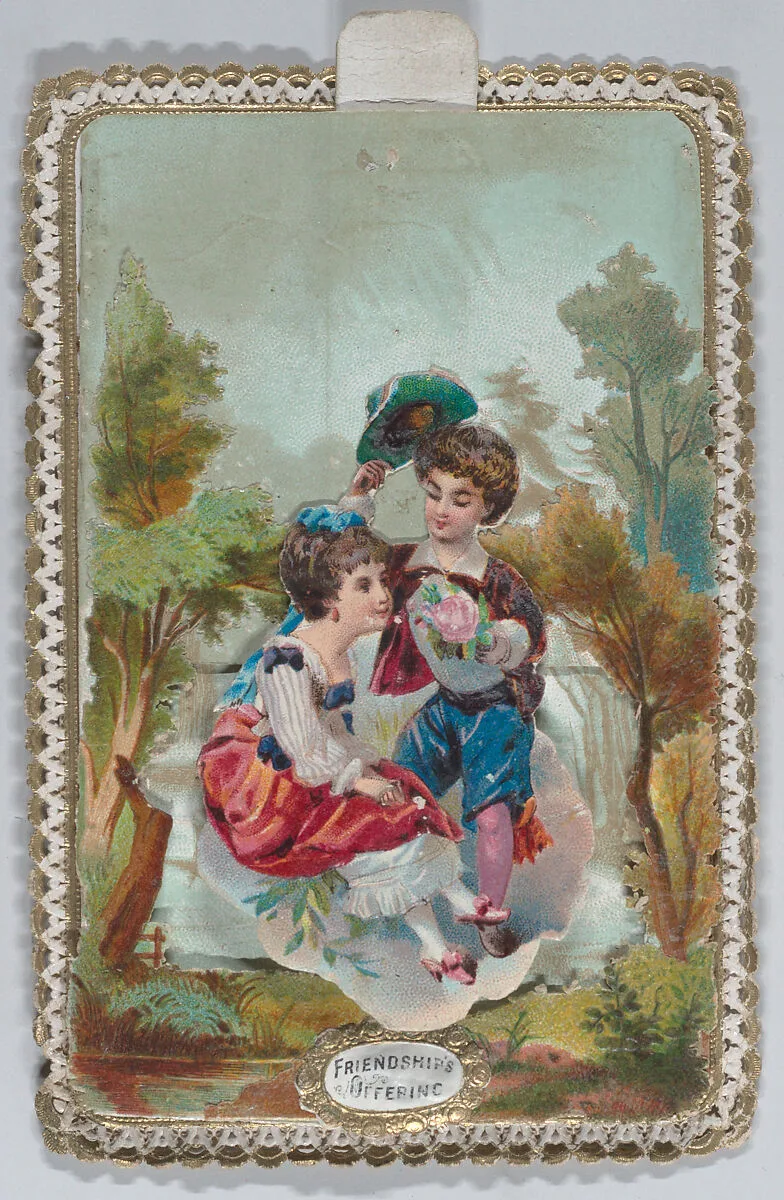 Valentine - Mechanical scene, couple riding in a coach drawn by goats. — Anonymous