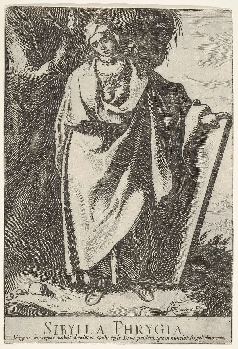 Plate 9: the Phrygian Sibyl holding the top of a tablet with her left hand and pointing with her right, from the series of 'Sibyls' — Raffaello Schiaminossi|Raphael (Raffaello Sanzio or Santi)