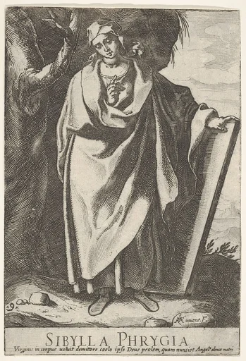 Plate 9: the Phrygian Sibyl holding the top of a tablet with her left hand and pointing with her right, from the series of 'Sibyls'