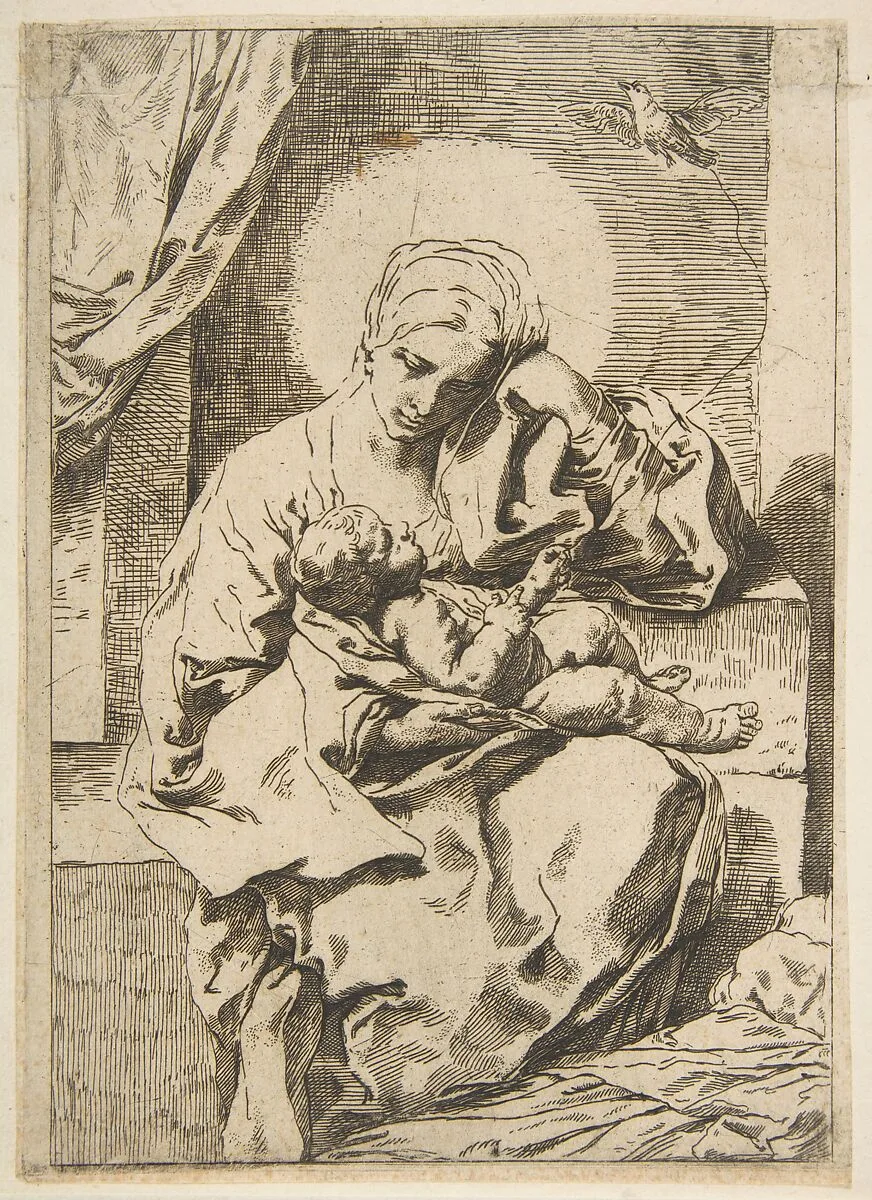 Madonna and Child with a bird, copy in reverse — Simone Cantarini