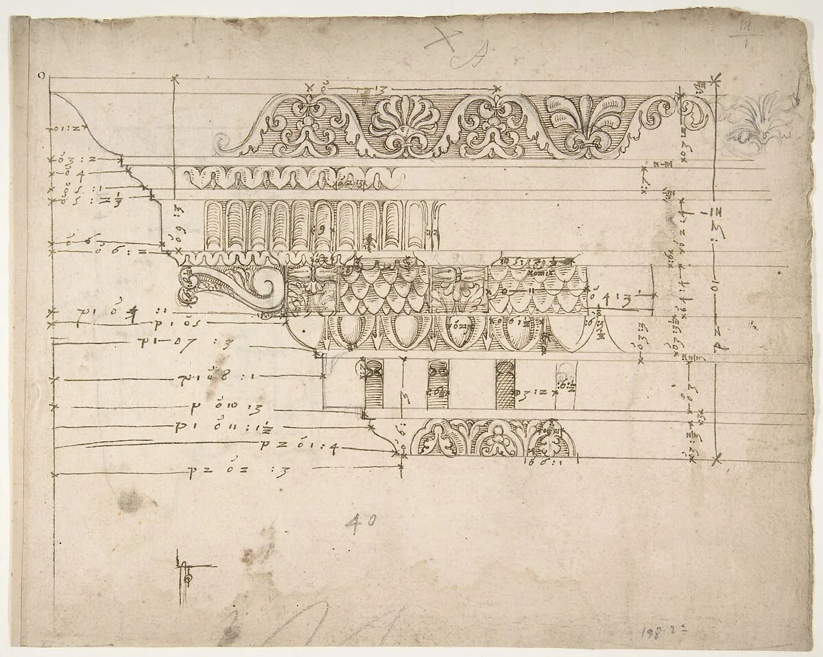 Arch of Camigliano, cornice, elevation in profile, ornamental detailing (recto) Unidentified, Doric capital; Arch of Camigliano, cornice, profile, sketch (verso) — Anonymous, French, 16th century