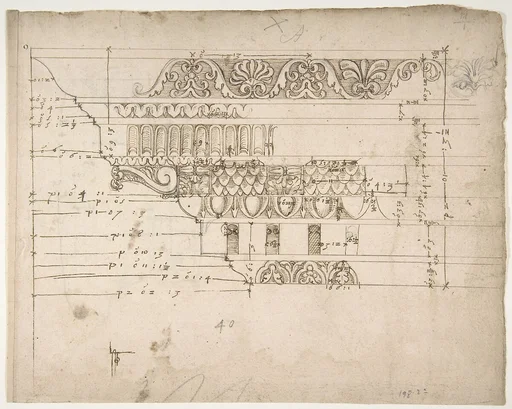 Arch of Camigliano, cornice, elevation in profile, ornamental detailing (recto) Unidentified, Doric capital; Arch of Camigliano, cornice, profile, sketch (verso)
