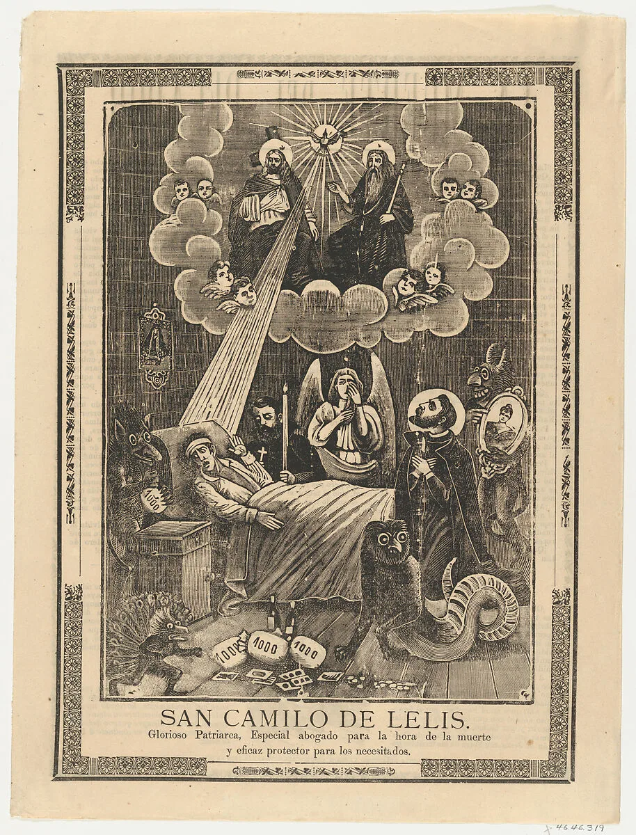 Broadsheet with Saint Camilo de Lelis in bed surrounded by demons, priests and the Holy Trinity above — Antonio Vanegas Arroyo|Anonymous