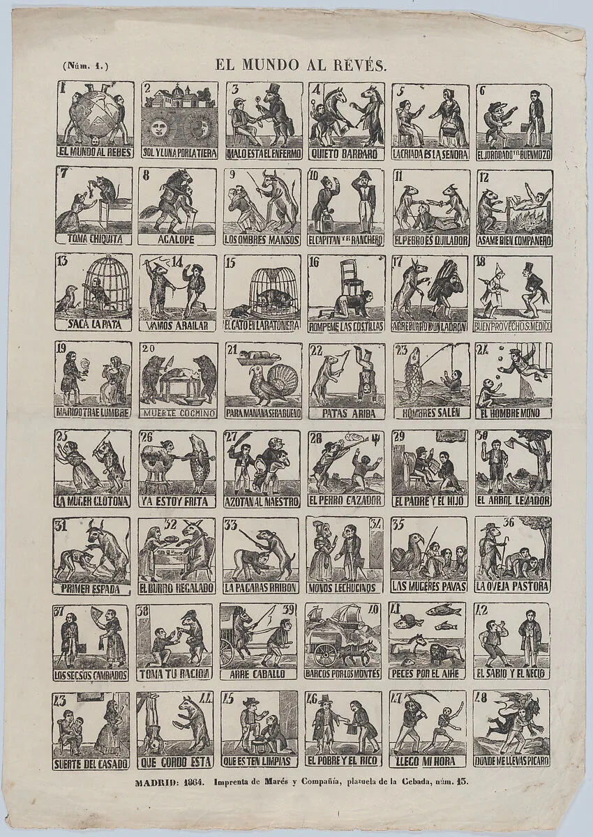 Broadside with 48 scenes relating to the world upside down — José María Marés