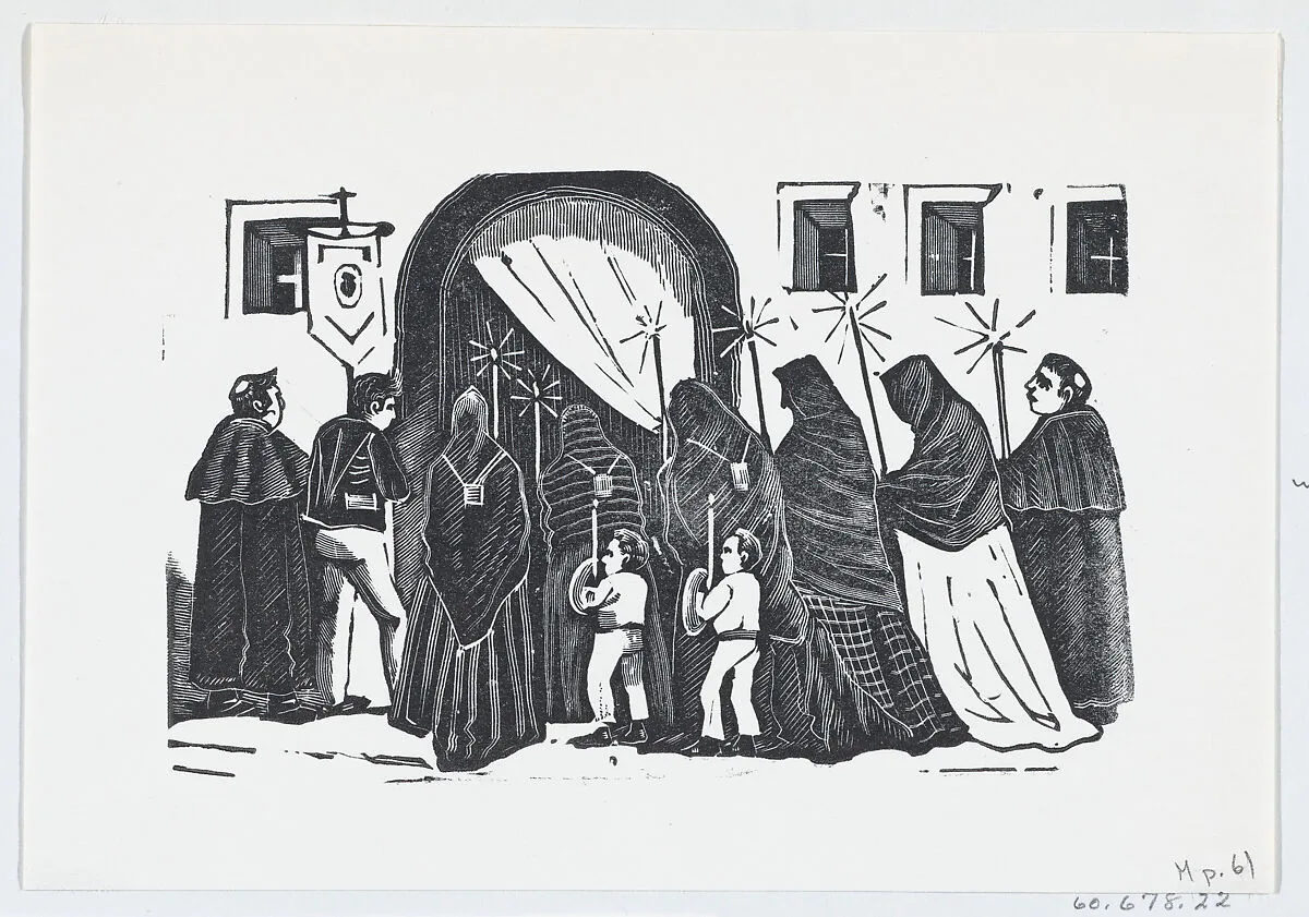 A holy procession with figures in black cloaks holding candles — José Sanchez|José Guadalupe Posada