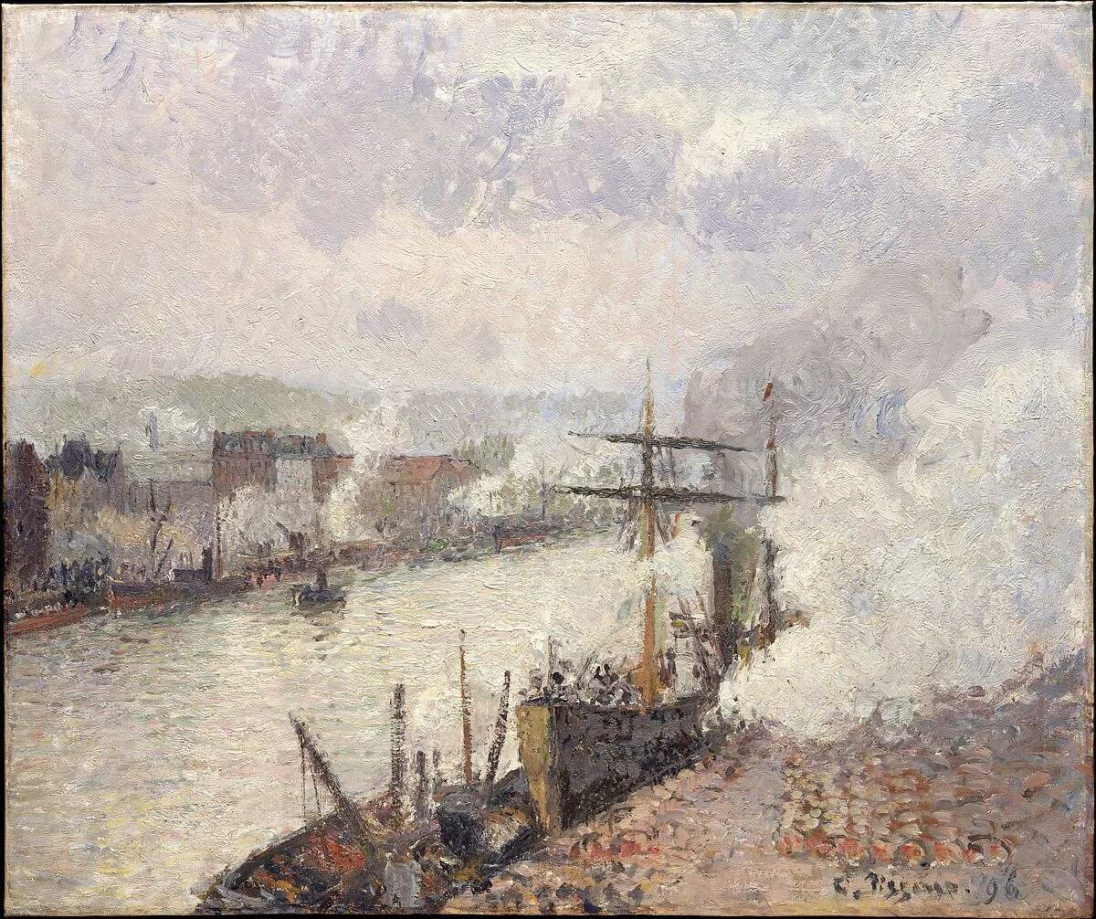 Steamboats in the Port of Rouen — Camille Pissarro