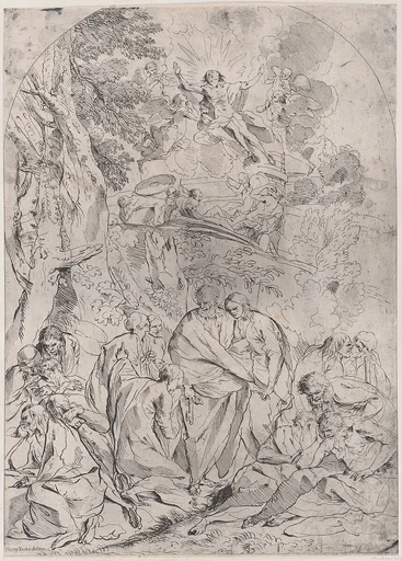 Saint Peter standing in the centre surrounded by Apostles distraught at the death of Christ who is shown ascending from the tomb in the upper section