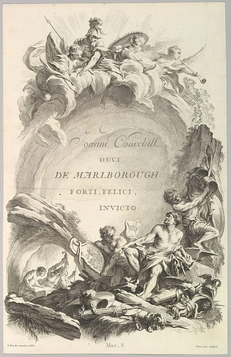 Frontispice pour le "Tombeau de John Churchill, duc de Marlborough" (Frontispiece for the "Tomb of John Churchill, Duke of Marlborough"), from Tombeaux des Princes, des Grands Capitaines et autres Hommes illustres (Tombs of Princes, Great Captains, and other Illustrious Men) — François Boucher|Eugene MacSwiny|Laurent Cars