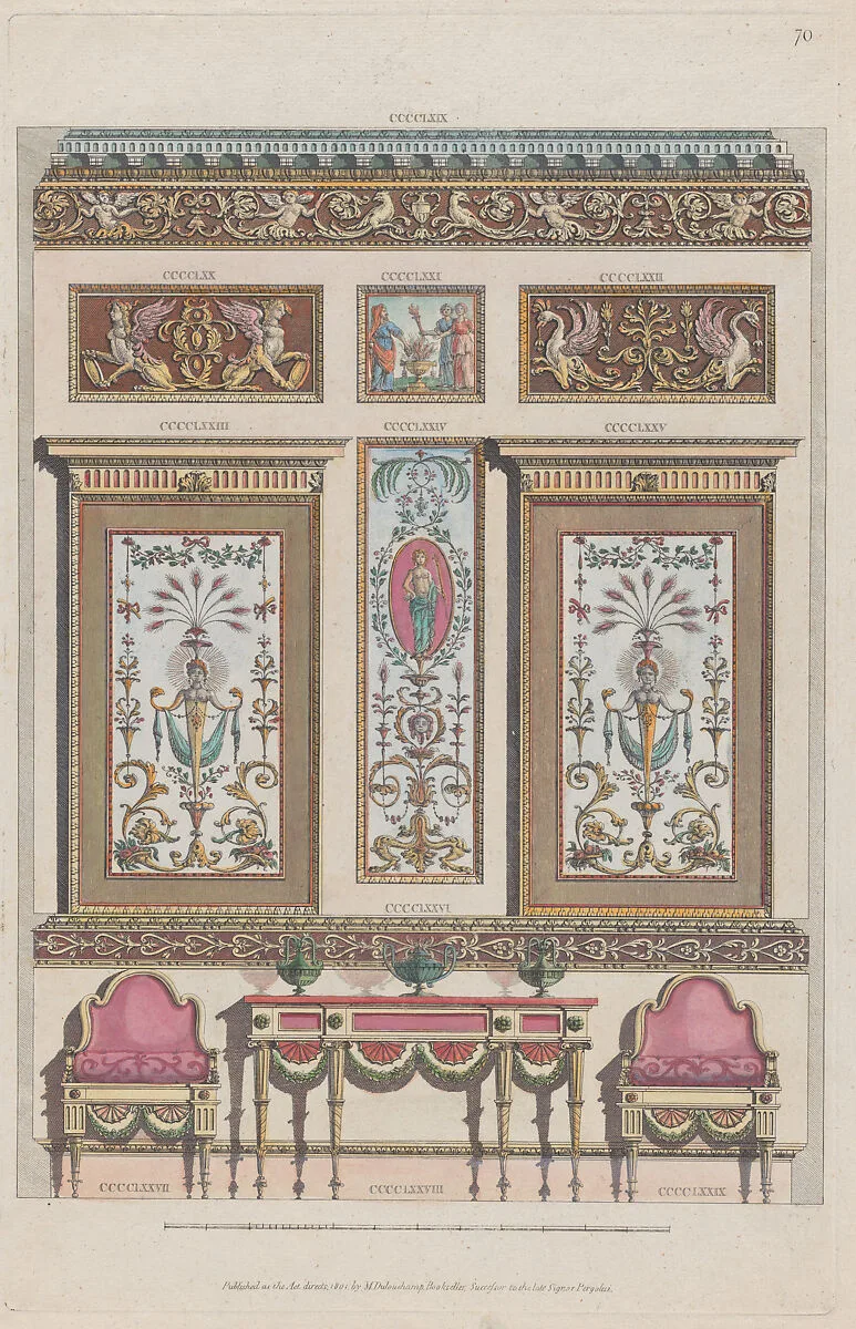 Interior Ornamented Wall, nos. CCCCLXIX–CCCCLXXIX, plate 70 from "Designs for Various Ornaments" — Dulouchamp|Michelangelo Pergolesi