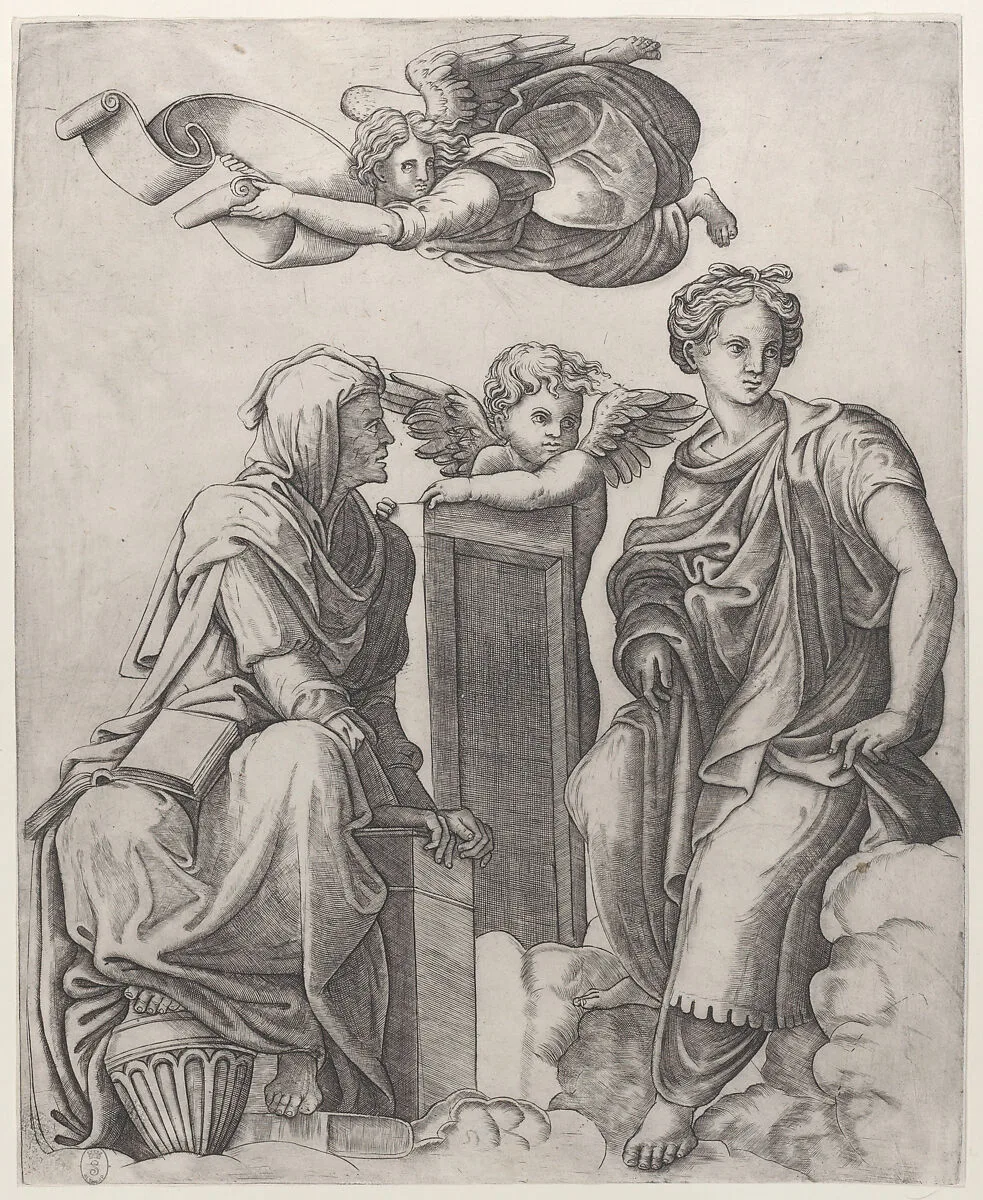 Two female figures seated in the clouds flanking an angel and another flying above carrying a banderole — Giovanni Antonio da Brescia|Raphael (Raffaello Sanzio or Santi)
