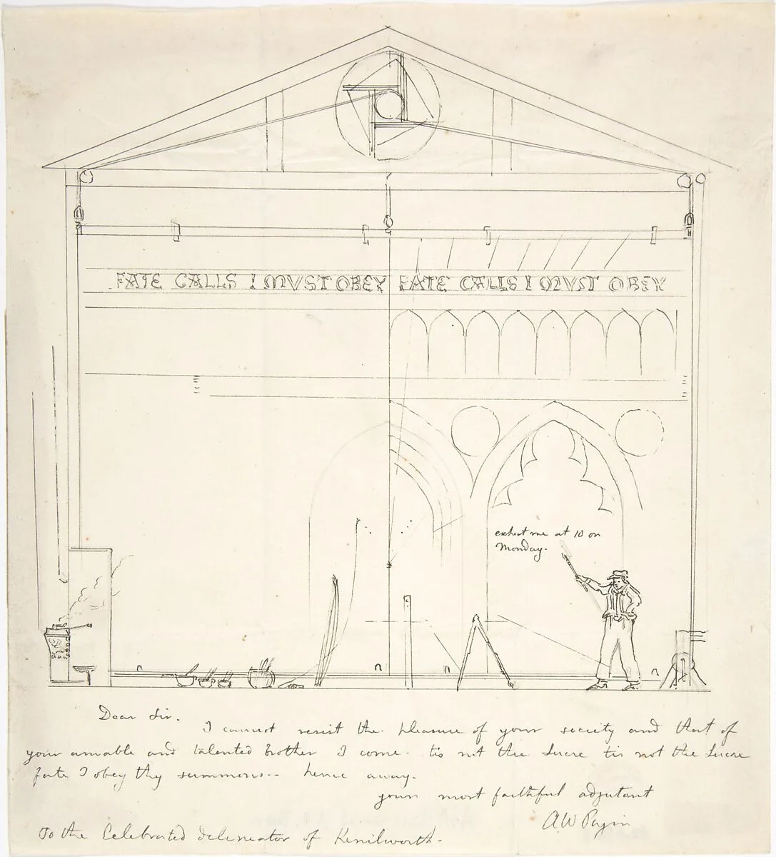 Letter with Sketch of Artist Painting Stage Scenery — Thomas Grieve|William Grieve|Augustus Welby Northmore Pugin