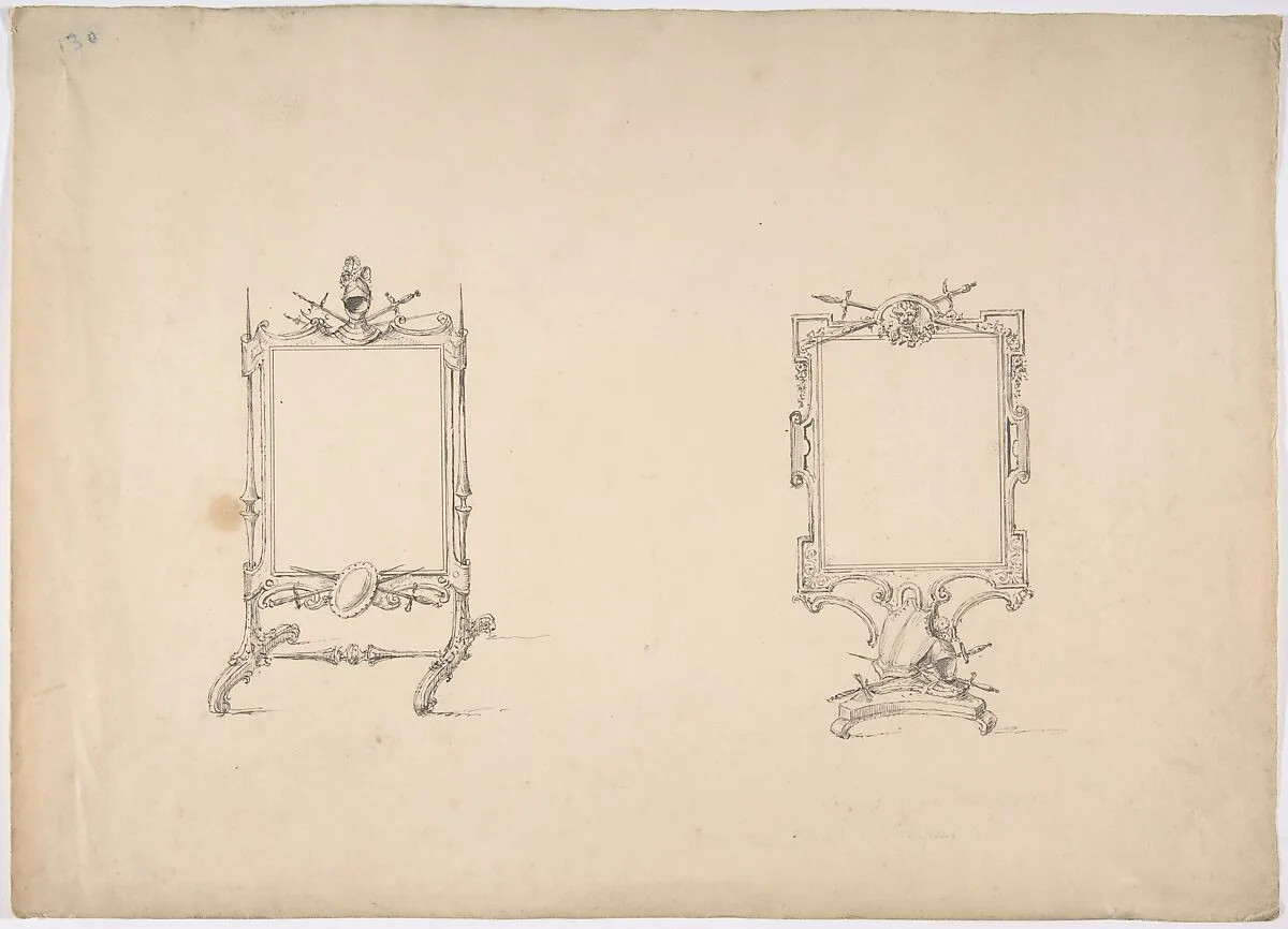Design for Two Tabletop Mirrors with Military Ornament — Anonymous, British, 19th century