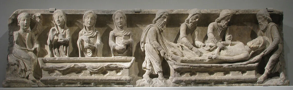 Lintel with the Entombment of Christ (right) and the Holy Women and Angel at the Sepulchre (left) — Unknown