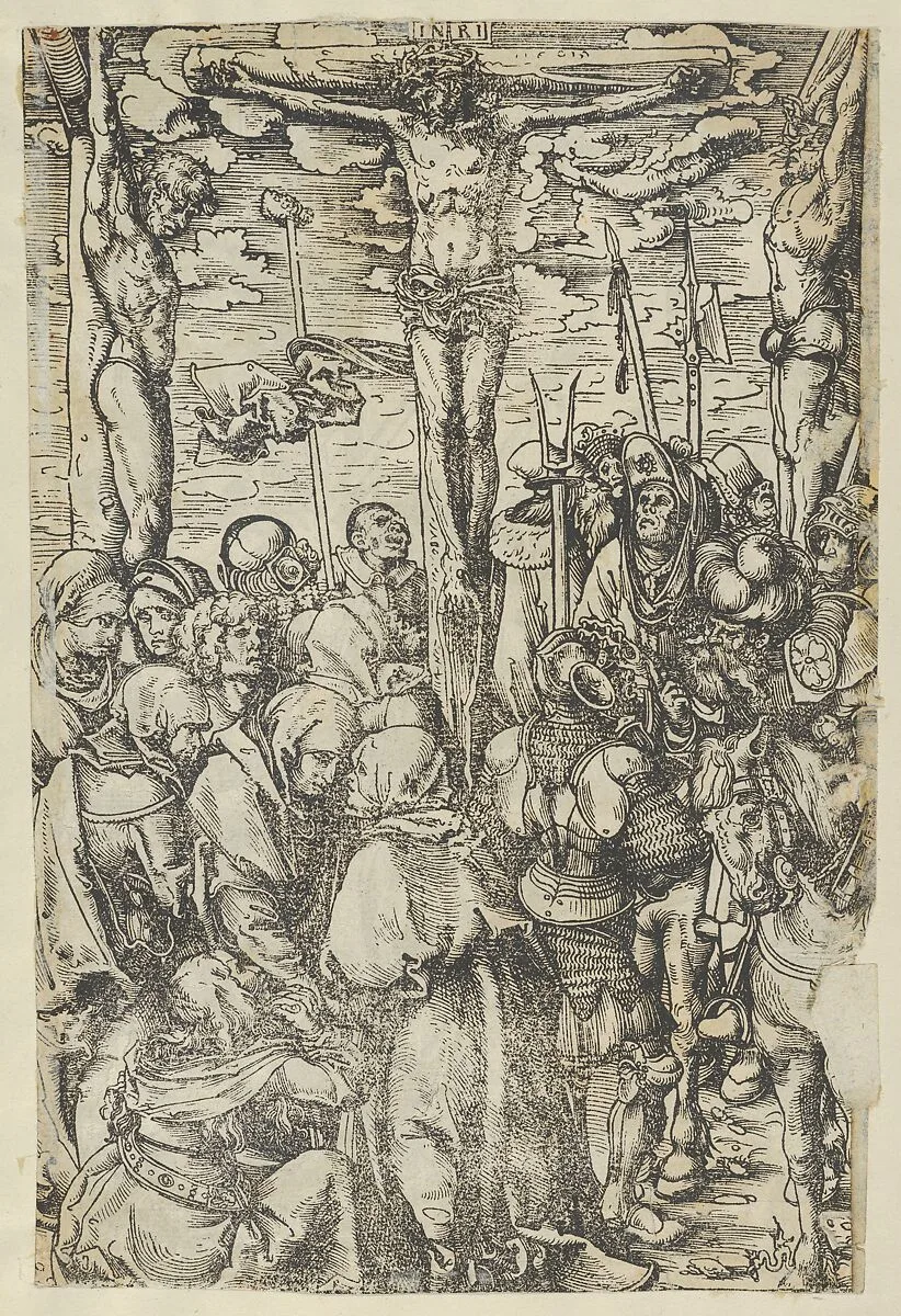 Two prints: The Crucifixion on recto and Christ Bearing the Cross on verso, from The Passion — Lucas Cranach the Elder