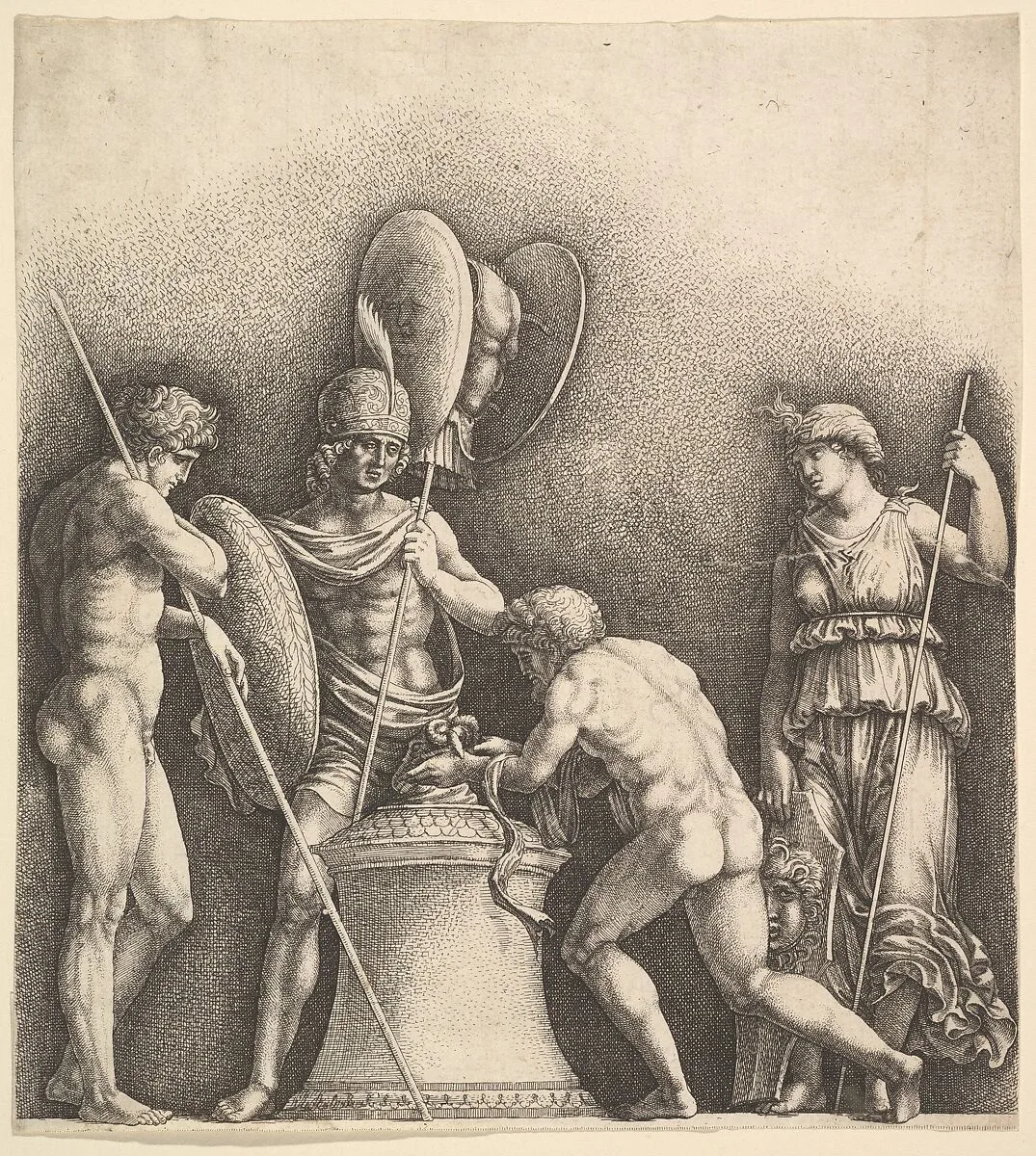 Four classical figures (pagan sacrifice) — Andrea Mantegna|Wenceslaus Hollar