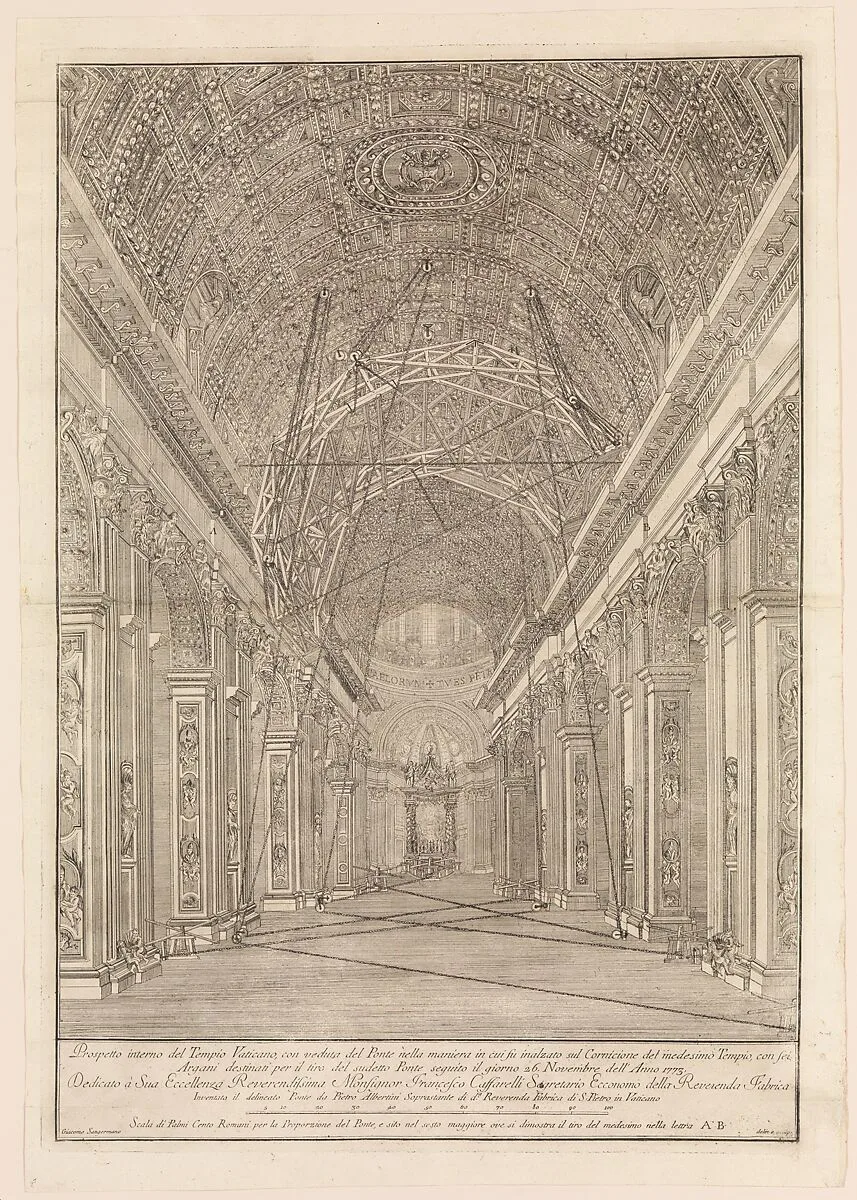 Scaffolding Erected for the Restoration of the Vault in St. Peter's Basilica: Overview of the Nave — Giacomo Sangermano