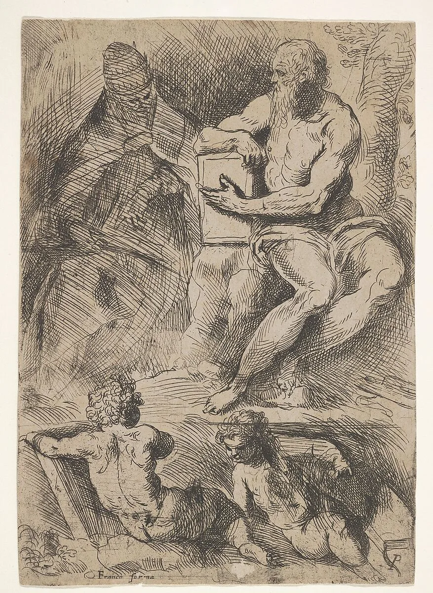 Sheet of studies with St. Jerome, seated at right and resting his right forearm on a book, at left an ecclesiastical figure wearing a cope and miter, and at bottom two putti — Jacopo Palma the Younger