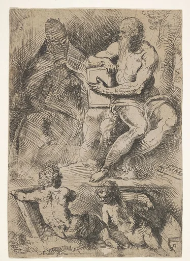 Sheet of studies with St. Jerome, seated at right and resting his right forearm on a book, at left an ecclesiastical figure wearing a cope and miter, and at bottom two putti