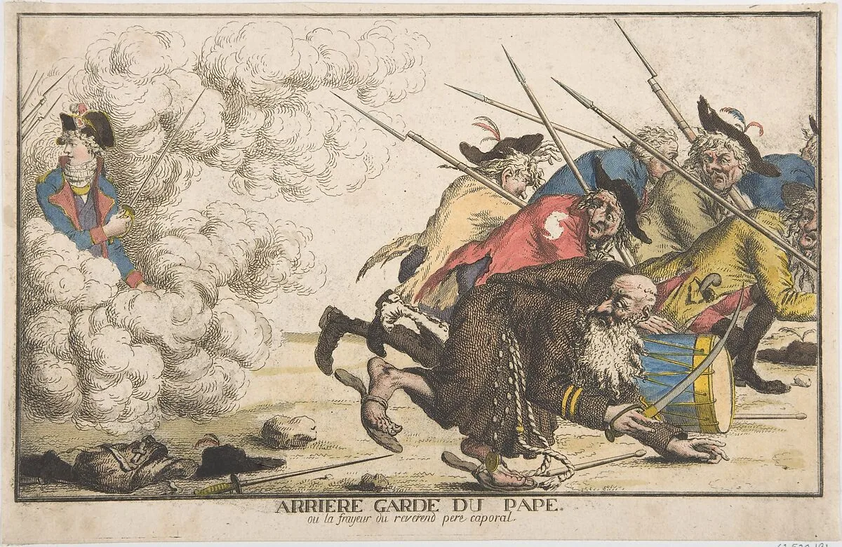 The Pope's Rear Guard or the Fright of the Reverend Father Corporal (Arrière garde du pape, ou la frayeur du reverend pere caporal) — Anonymous, French, 18th century