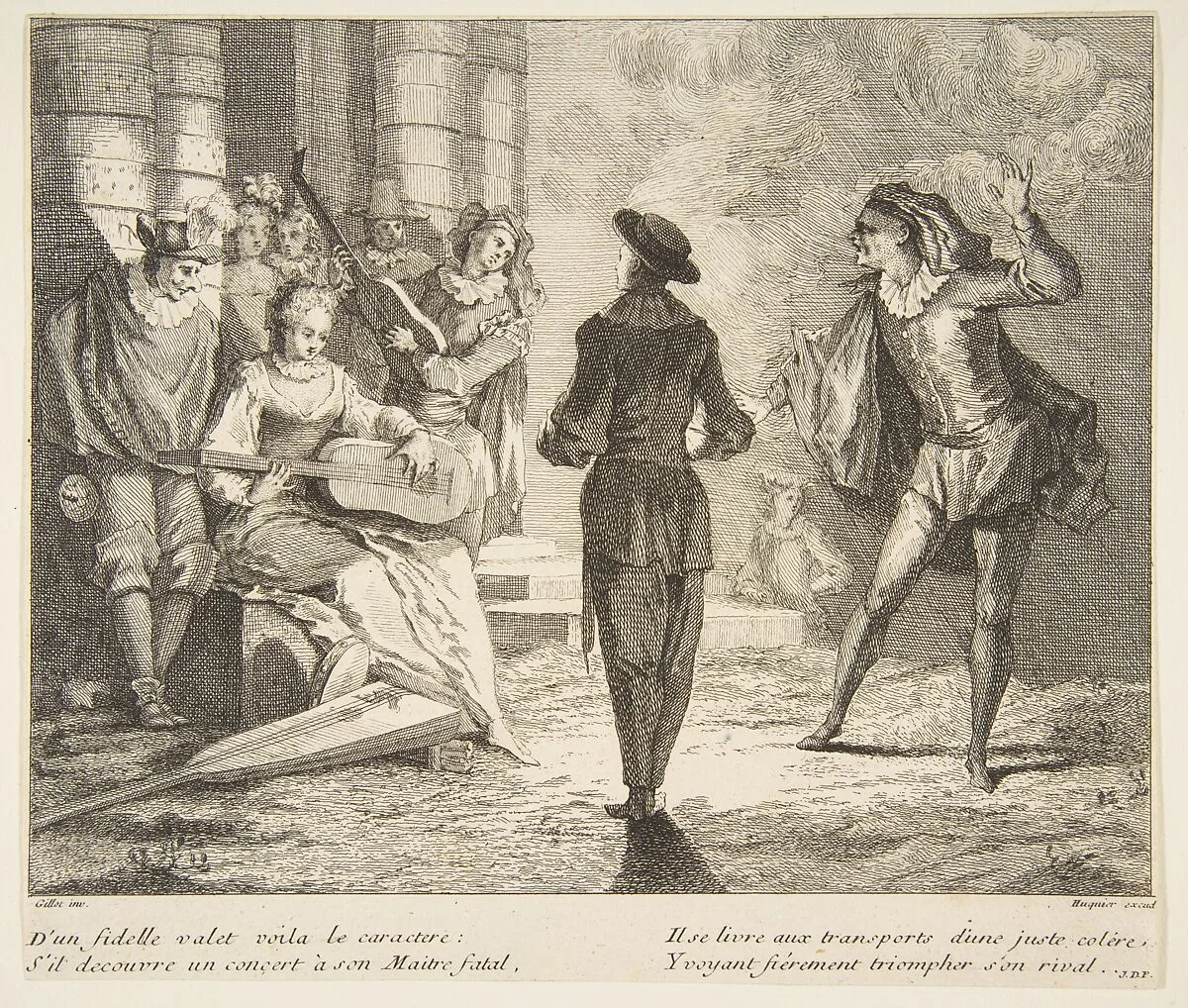 Isabelle Plays Guitar for Pierrot and Scaramouche — Claude Gillot|Jacques Gabriel Huquier
