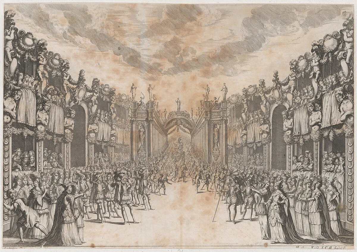 Men and women gathererd in the street to view the entrance of a royal figure, who is carried into the city on a throne; set design from 'La Monarchia Latina Trionfante' — Ludovico Ottaviano Burnacini|Mathäus Küsel