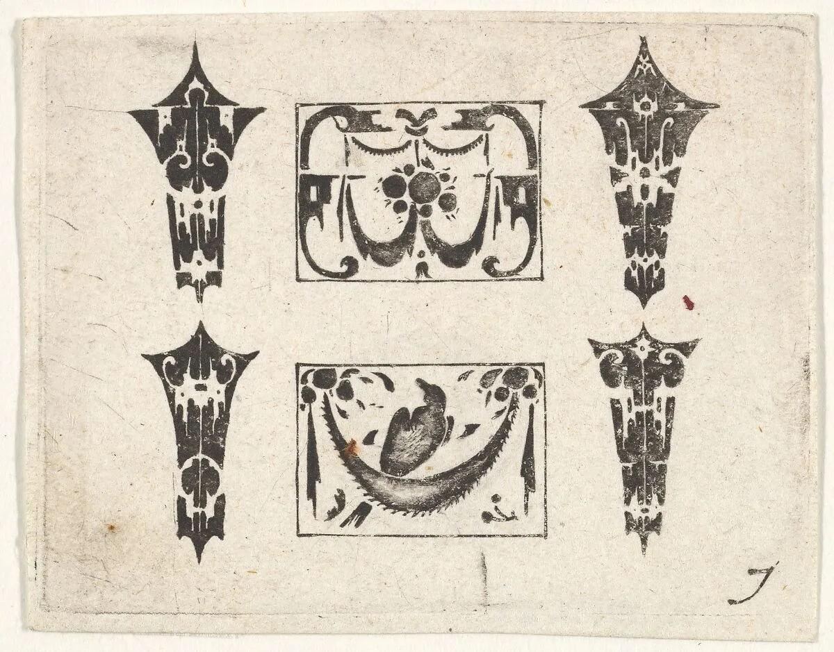 Blackwork Print with Two Horizontal Panels and Four Bezels — Claes Jansz. Visscher|Hans de Bull