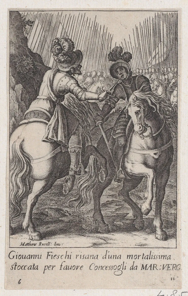 Giovanni Fieschi, from Scelta d'Alcuni Miracoli e Grazie della Santissima Nunziata di Firenze (Selection of Some Miracles and Graces that Occurred in the Church of the Annunziata in Florence) — Jacques Callot|Matteo Rosselli