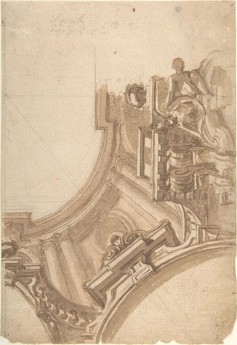 Design for a corner of painting ceiling, architectural perspective — Anonymous, Italian, Piedmontese, 18th century
