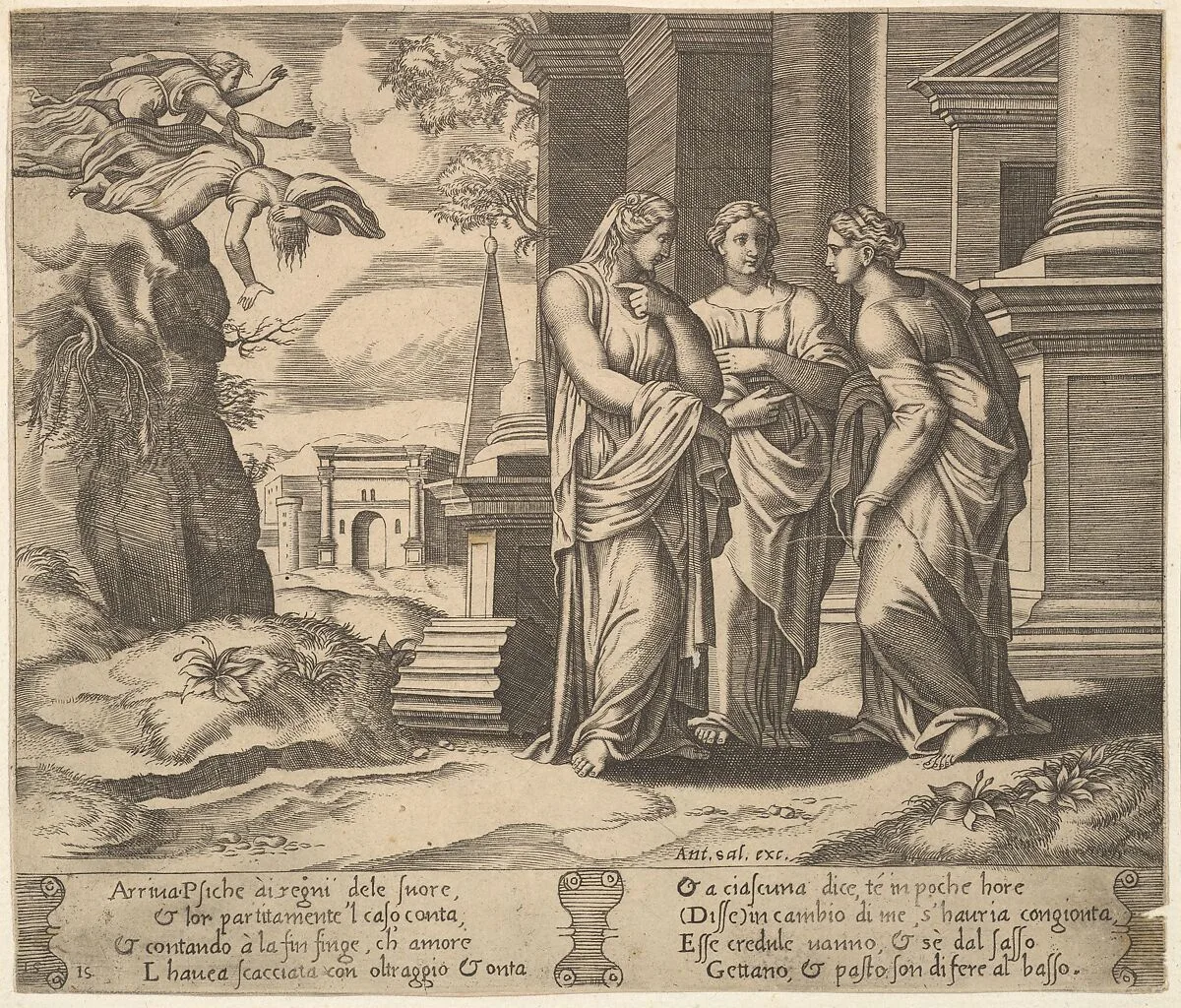Plate 15: Psyche relating her misfortunes to her sisters, from "The Fable of Cupid and Psyche" — Master of the Die|Antonio Salamanca|Michiel Coxie (I)